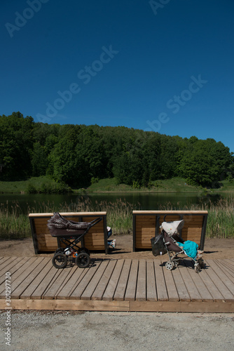 Baby carriages in a city park on the background of the lake on a summer day.