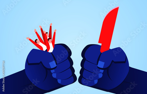 Threat, small businessman caught by huge hand and threatened with knife