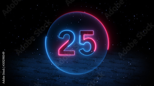 Number 25 Neon Light Style With Circle on Dark Blue Rough Floor Tiles In the Snowfall photo