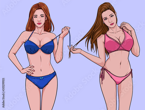 Beautiful girls Swimming suit beach fashion bikini summer Illustration vector On pop art comics style Abstract colorful background