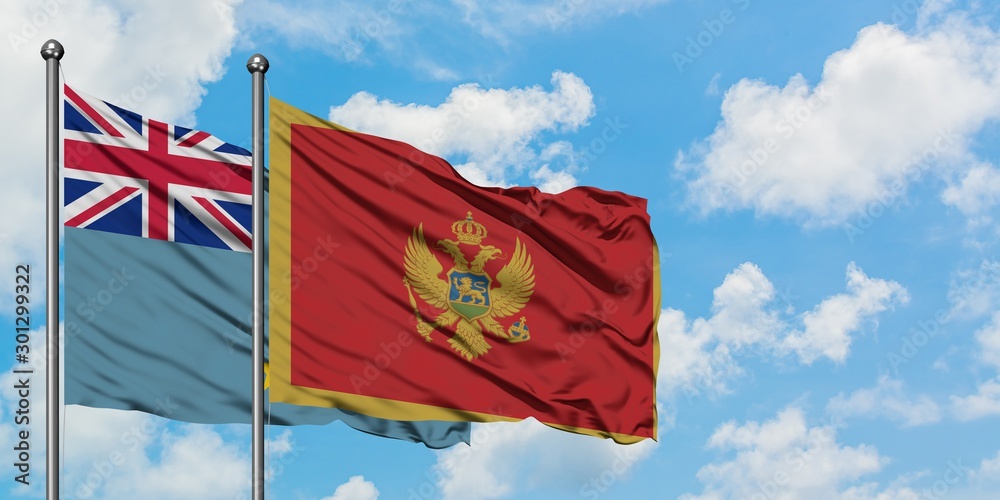 Tuvalu and Montenegro flag waving in the wind against white cloudy blue sky together. Diplomacy concept, international relations. Tuvalu and Montenegro flag waving in the wind against white cloudy blue sky together. Diplomacy concept, international relations.