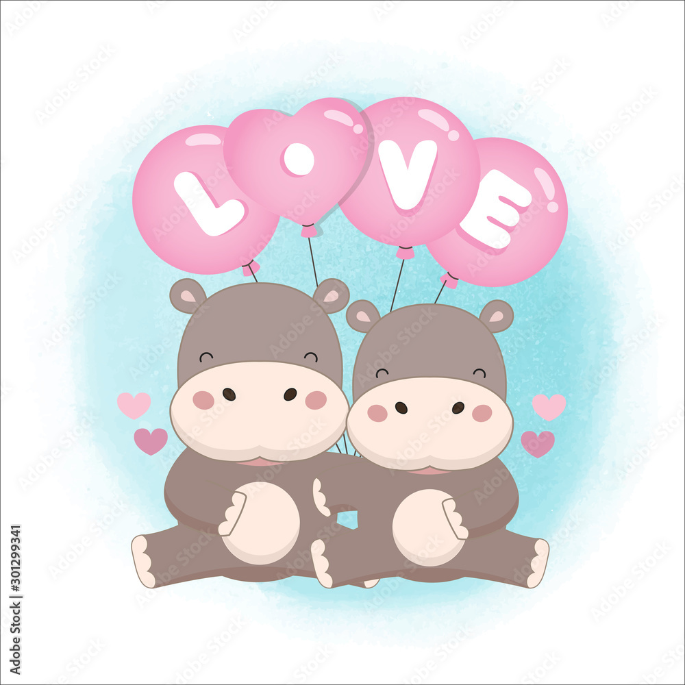 Valentine's day card. Couple Hippo hold LOVE balloons in cartoon style. Valentine's day card. Couple Hippo hold LOVE balloons in cartoon style.