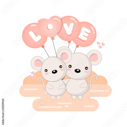 Happy Valentine s day card. Cute mouse cartoon with heart balloon