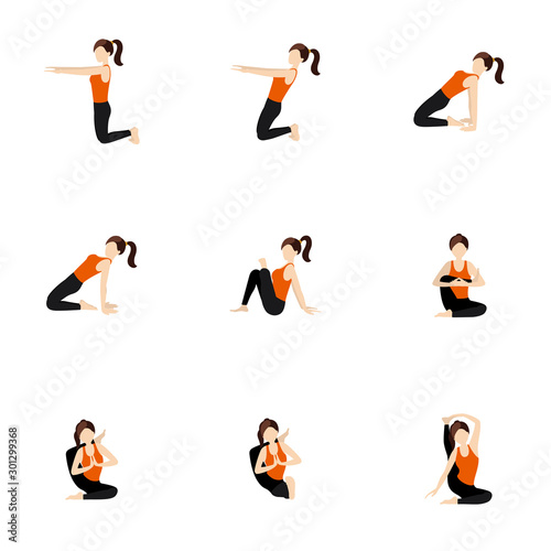 Hips stretching seated yoga asanas set/ Illustration stylized woman practicing yoga postures with hips extension