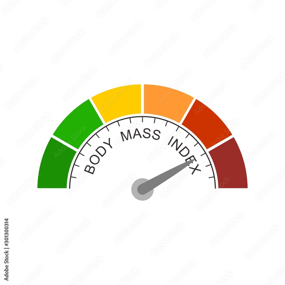 Body mass index meter read high level result. Color scale with arrow from  red to green. The measuring device icon. Vector illustration in flat style.  Colorful infographic gauge element Stock Vector