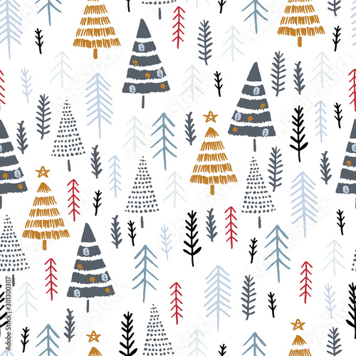 Winter seamless pattern with christmas trees, spruce woods on white background. Surface design for textile, fabric, wallpaper, wrapping, giftwrap, paper, scrapbook and packaging.