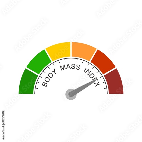 Body mass index meter read high level result. Color scale with arrow from red to green. The measuring device icon. Vector illustration in flat style. Colorful infographic gauge element