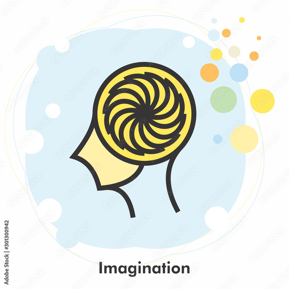 Imagination icon concept in the drawing of human brain isolated on light blue background, vector and illustration. Imagination icon concept in the drawing of human brain isolated on light blue background, vector and illustration.