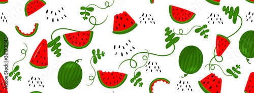 Seamless pattern bright light pattern with Watermelon, watermelon slices for fabric, drawing labels, print on t-shirt, wallpaper of children's room, fruit background. Vector summer seamless pattern.