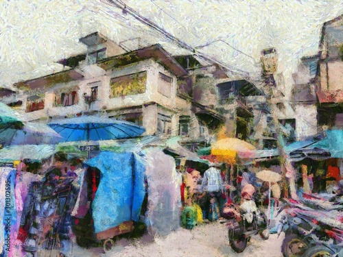 Wholesale clothing market in Bangkok Illustrations creates an impressionist style of painting. © Kittipong
