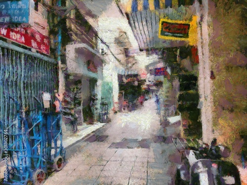 Wholesale clothing market in Bangkok Illustrations creates an impressionist style of painting. © Kittipong