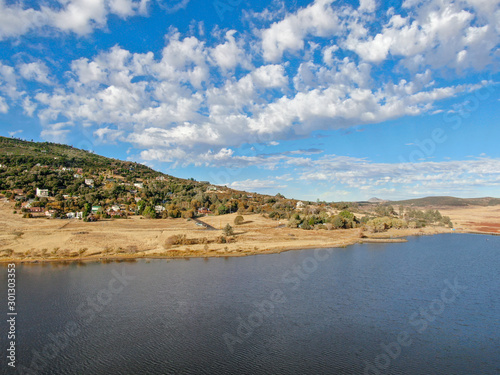 Aerial view of Lake Cuyamaca, 110 acres reservoir and a recreation area in the eastern Cuyamaca Mountains, located in eastern San Diego County, California, USA