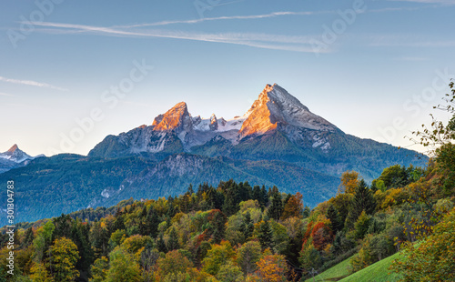 The first sunlight hits Mount Watzmann in the Bavarian Alps photo