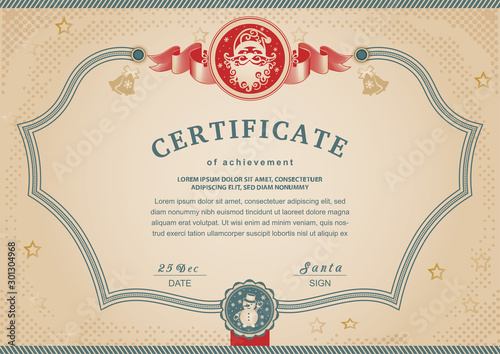 Christmas beige certificate with red Santa Claus and Snowman in stamp.