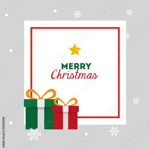 merry christmas card with gift boxes and square frame vector illustration design