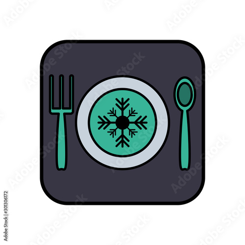 happy merry christmas dish with snowflake and cutlery