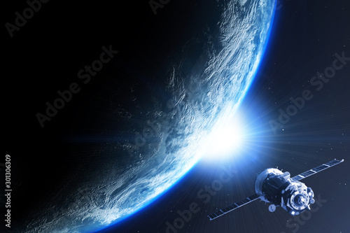 Fototapeta Naklejka Na Ścianę i Meble -  Earth planet with satellite viewed from space , 3d render of planet Earth, elements of this image provided by NASA