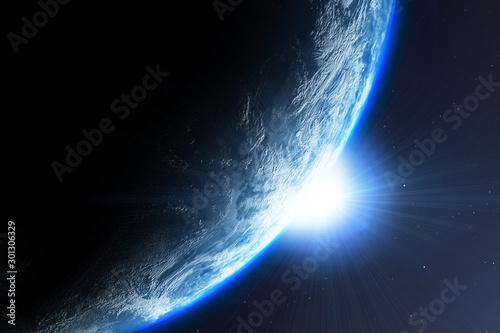 Earth planet with sun viewed from space , 3d render of planet Earth, elements of this image provided by NASA © jim