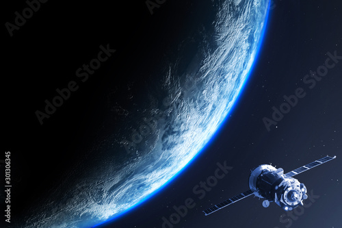 Earth planet with satellite viewed from space , 3d render of planet Earth, elements of this image provided by NASA photo