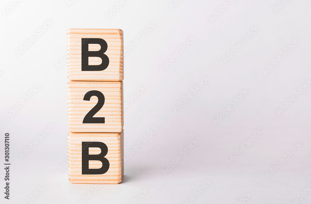 B2B letters of wooden blocks in pillar form on white background, copy space B2B letters of wooden blocks in pillar form on white background, copy space