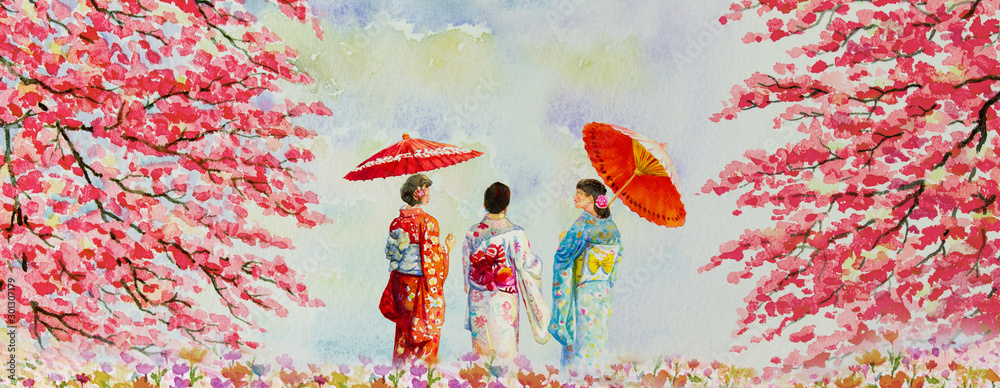 Fototapeta Japonia jesienią. Trzy kobiety stojące tyłem pod parasolkami