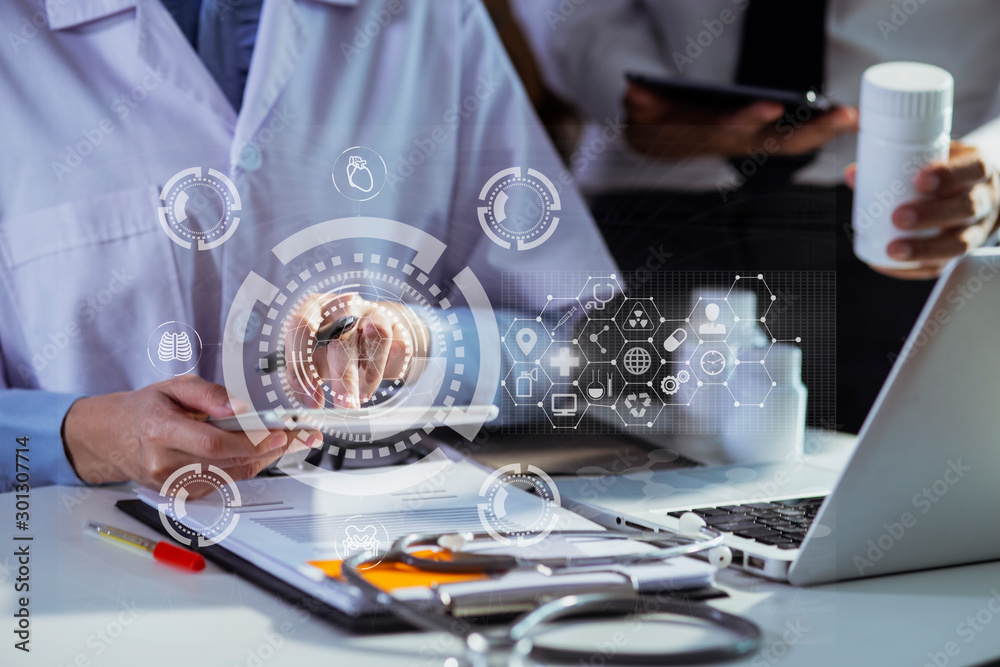 Doctor hands with a touch screen interface