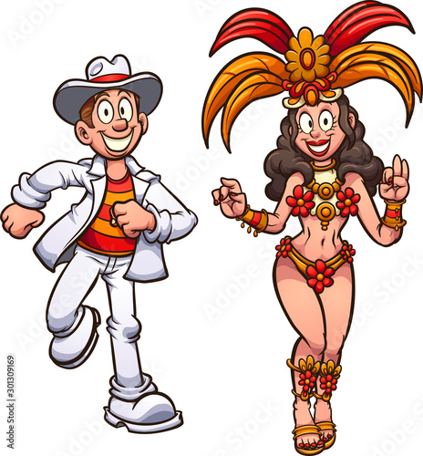 Happy cartoon Brazilian carnival dancers clip art. Vector illustration with simple gradients. Each on a separate layer. 
