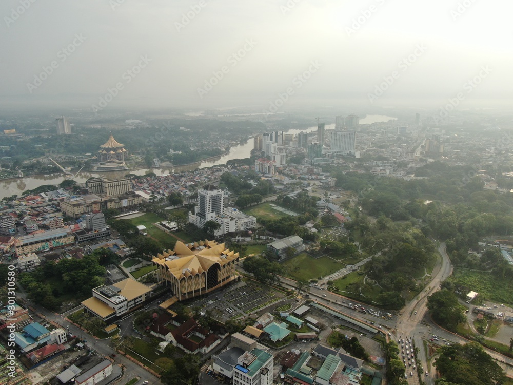 Kuching, Sarawak / Malaysia - November 8 2019: The buildings, landmarks and scenery of Kuching city, capital of Sarawak, Borneo island. Showing the famous landmarks in the Kuching city 