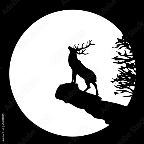 Silhouette of a deer on top of a mountain, head raised up, at sunrise or sunset, square icon