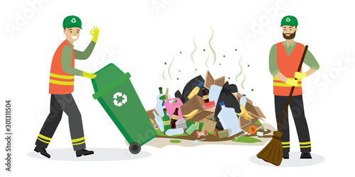 Garbage collectors and trash can with piles of garbage. Dirty trash on the floor. Bad smell and insects.Male workers characters.