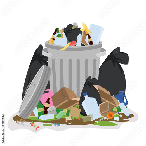 Metal trash can with piles of garbage. Dirty trash and bags on the floor