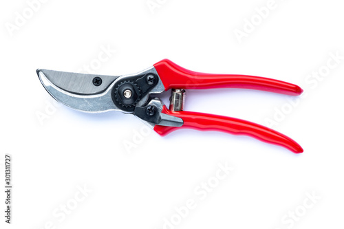 Red pruning shears isolated on white background photo