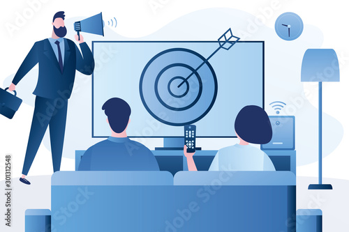 Love couple watch video with remote control and television multimedia box. People watching targeted TV ads.