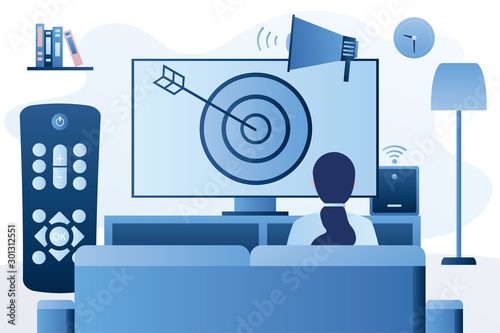 Woman watching targeted TV ads. Addressable TV advertising