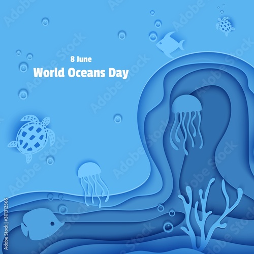 Paper cut butterflyfish, jellyfish, moonfish, turtle. Paper craft square background underwater ocean cave with fishes coral reef seabed in algae waves. Diving concept deep blue marine life, Vector sea