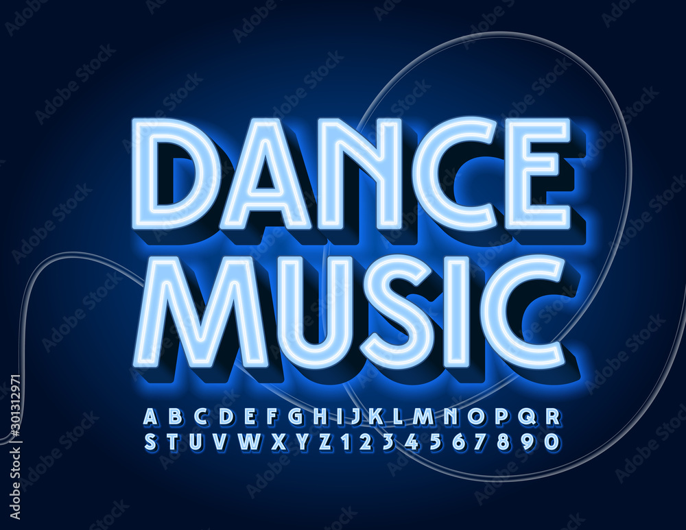 Vector glowing Sign Dance Music. Electric Alphabet Letters and Numbers. Bright White and Blue Neon Font.