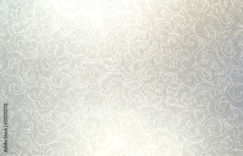 Light silver loops pattern. White grey defocused background. Lens flare. Twirls pearl shiny bright texture. Plexus ornament illustration.