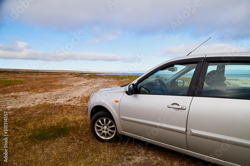Tundra landscape with moss, glass and stouns in the north of Norway or Russia, car in it and blue sky with clouds