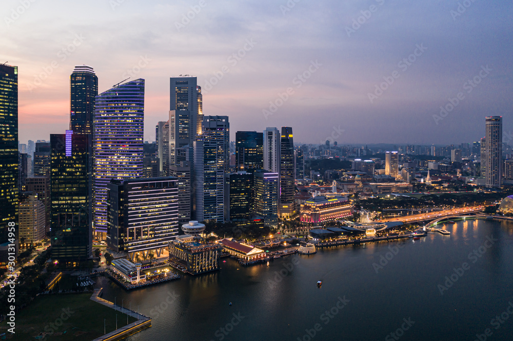 Aerial view of Singapore downtown district skyline by the marina bay in Singapore in Southeast Asia
