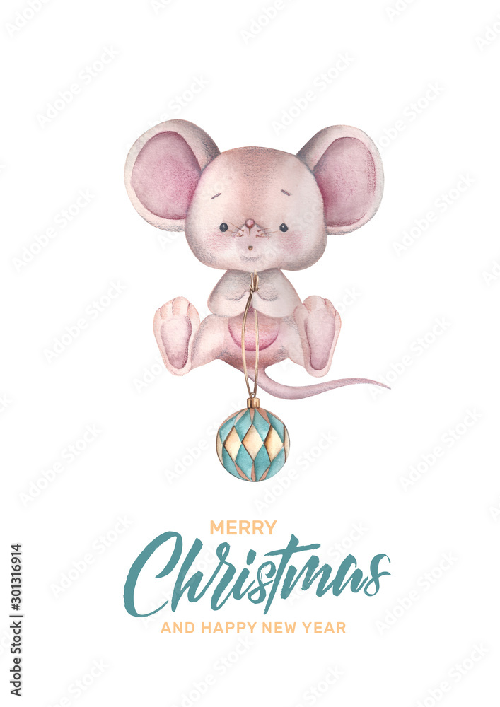 New Year card little mouse and Christmas ball. Vintage.