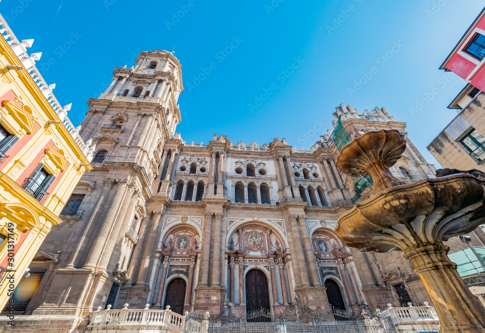  Plaza del Obispo, Bishop square and Cathedral. Main sightseeing spots in the historic center of Malaga, Spain