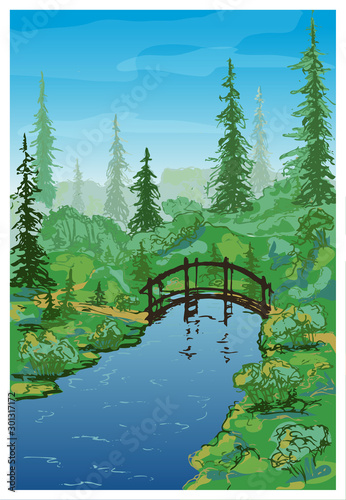 Vector forest landscape with a wooden bridge over a stream