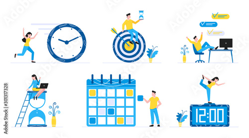 6 Effective Planning time management business concept set. Business people characters, flat style clipart for web banners isolated on white background with time symbols business elements.