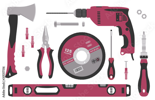 Set of tools for construction and repair in flat style. Vector illustration.