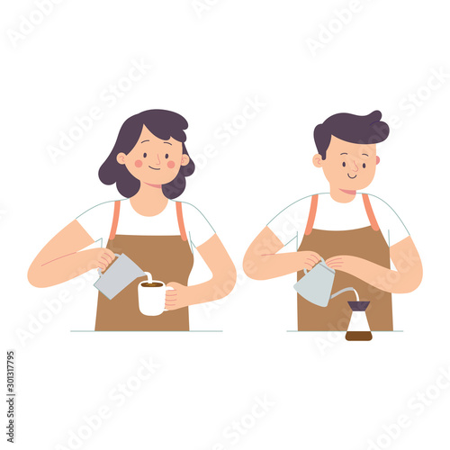 young men and women who work as baristas pour processed coffee and milk into glass