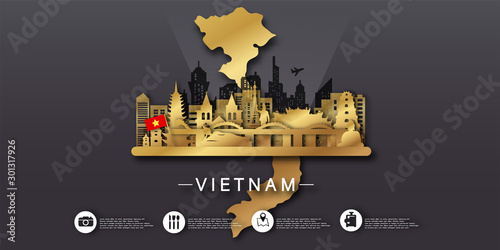 Vietnam Travel postcard, poster, tour advertising of world famous landmarks in paper cut style.