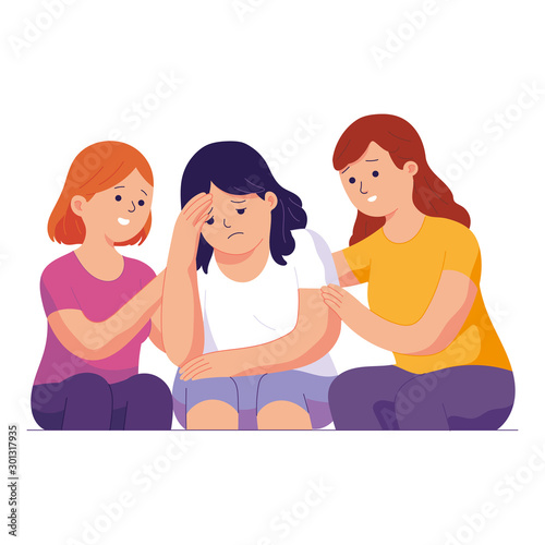 two female friends calm their friends who are sad
