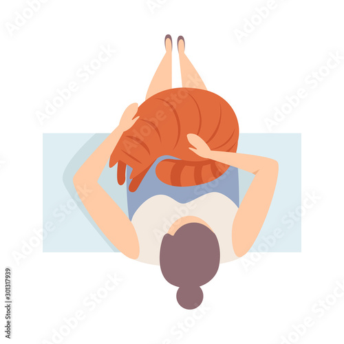 Woman Holds Big Ginger Cat Sitting On The Bench Flat Vector Illustration