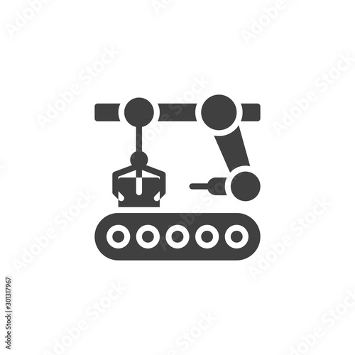 Manufacturing warehouse conveyor vector icon. filled flat sign for mobile concept and web design. Assembly production robotic arm glyph icon. Symbol, logo illustration. Vector graphics