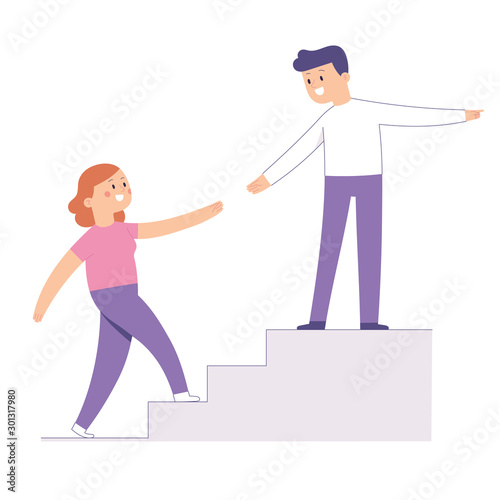 female character walks up the stairs assisted by the male partner, the concept of helping to achieve common goals in the relationship